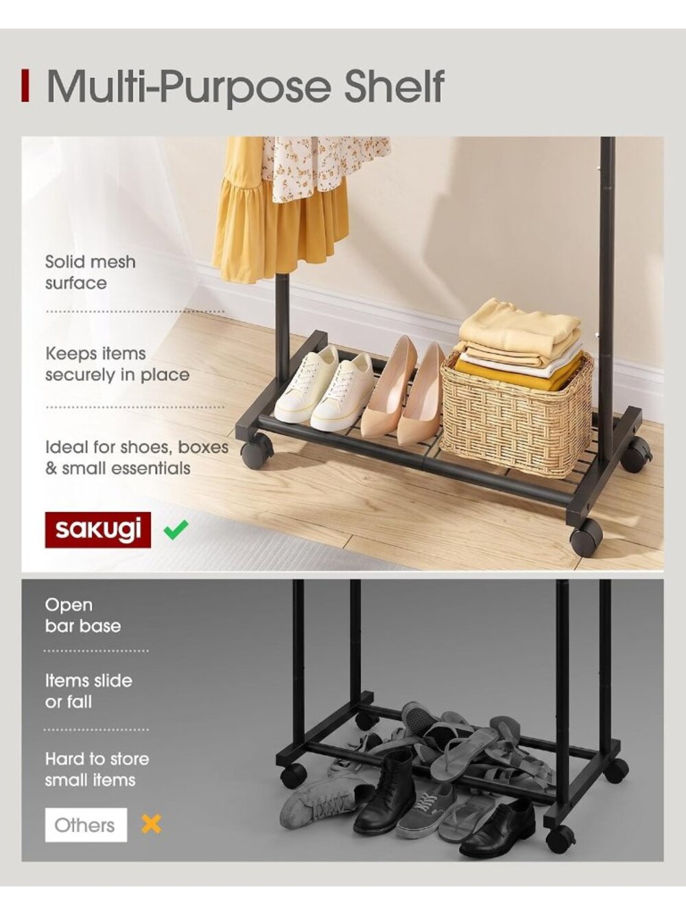 New Clothes Rack - Clothing Rack with Storage Mesh Shelf & Casters, - Picture 7 of 9